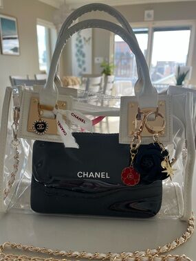 Custom Upcycled Chanel Beauté Clear Bag w Authentic Charms, Ribbon & Makeup Bag